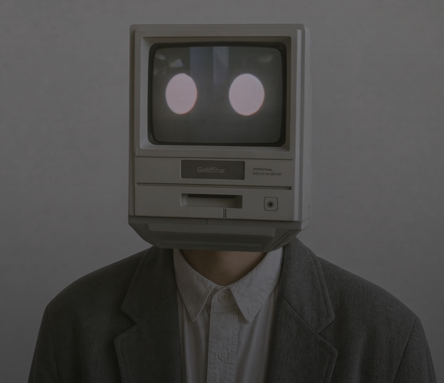 A figure in a business suit wearing a vintage GoldStar computer monitor as a head — symbolising the human face of AI in business